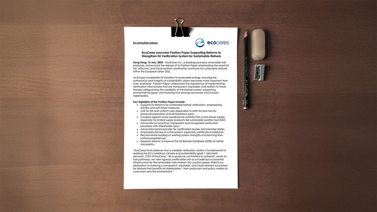 EcoCeres Launches Position Paper Supporting Reforms to Strengthen EU Verification System for Sustainable Biofuels